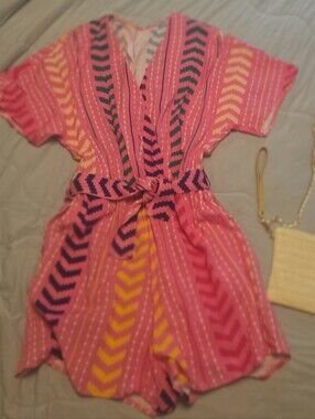 Pink Chevron Print Romper with Handbag Not For Sale